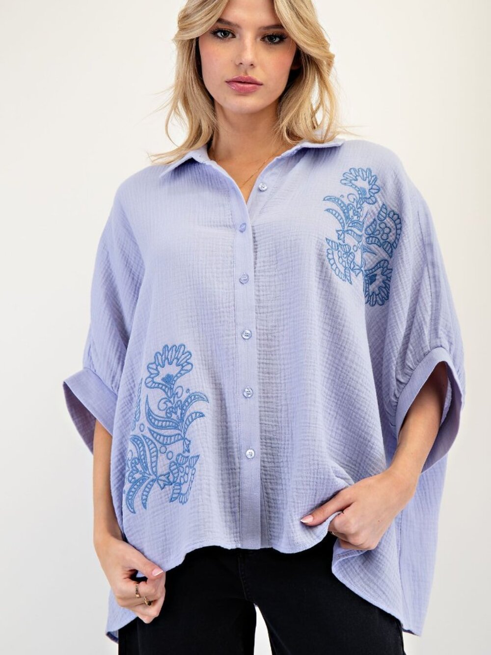 Easel Dusty Blue Cotton Gauze Embroidered Button Down Shirt